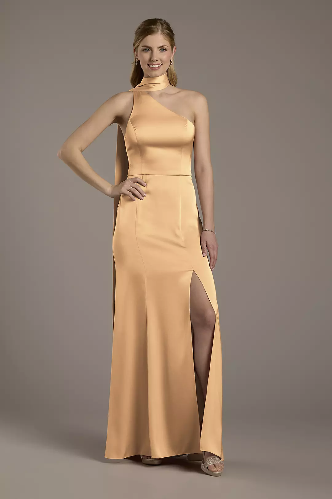 Matte Satin One-Shoulder A-Line Dress with Scarf Dress - XNAUWBI