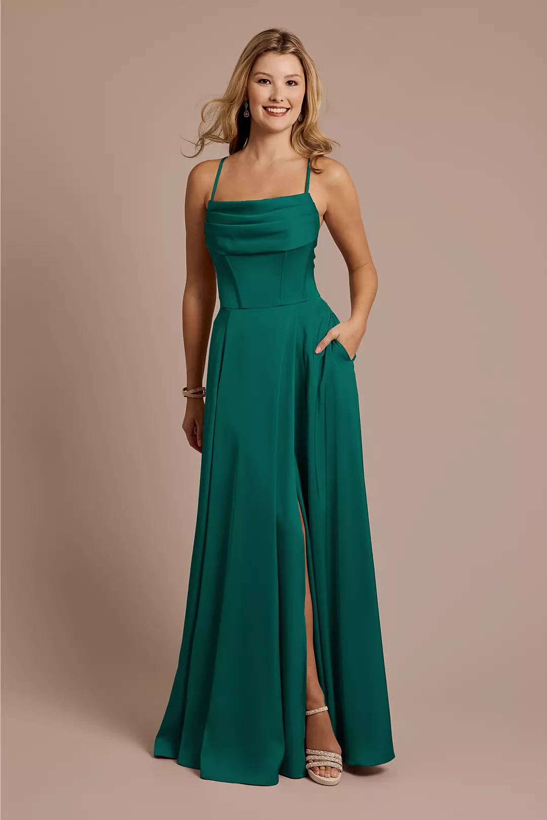 Matte Satin Cowl Neck Spaghetti Strap A-Line Dresses - XNAUWBI