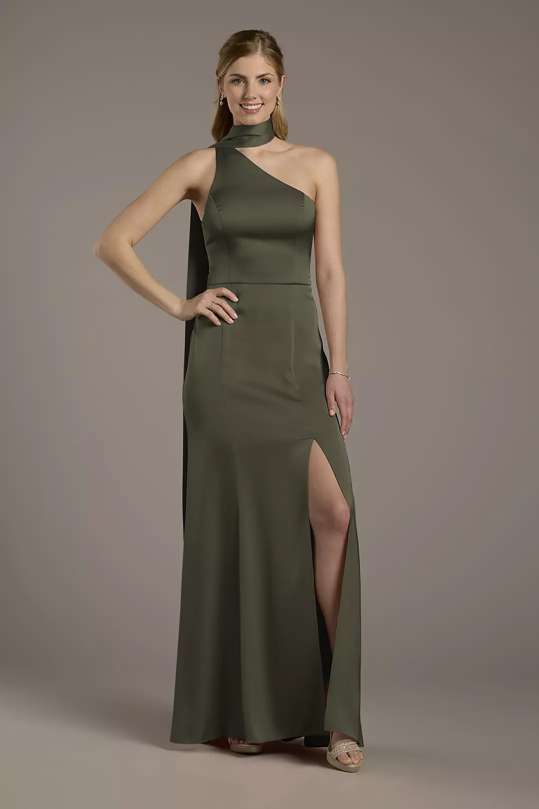 Matte Satin One-Shoulder A-Line Dress with Scarf Dress - XNAUWBI