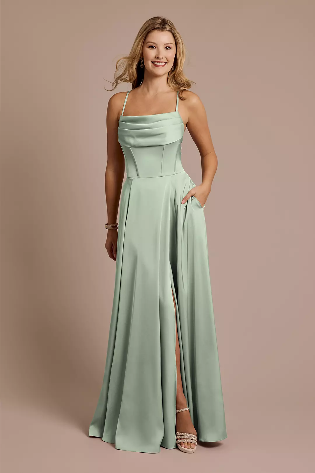 Matte Satin Cowl Neck Spaghetti Strap A-Line Dresses - XNAUWBI
