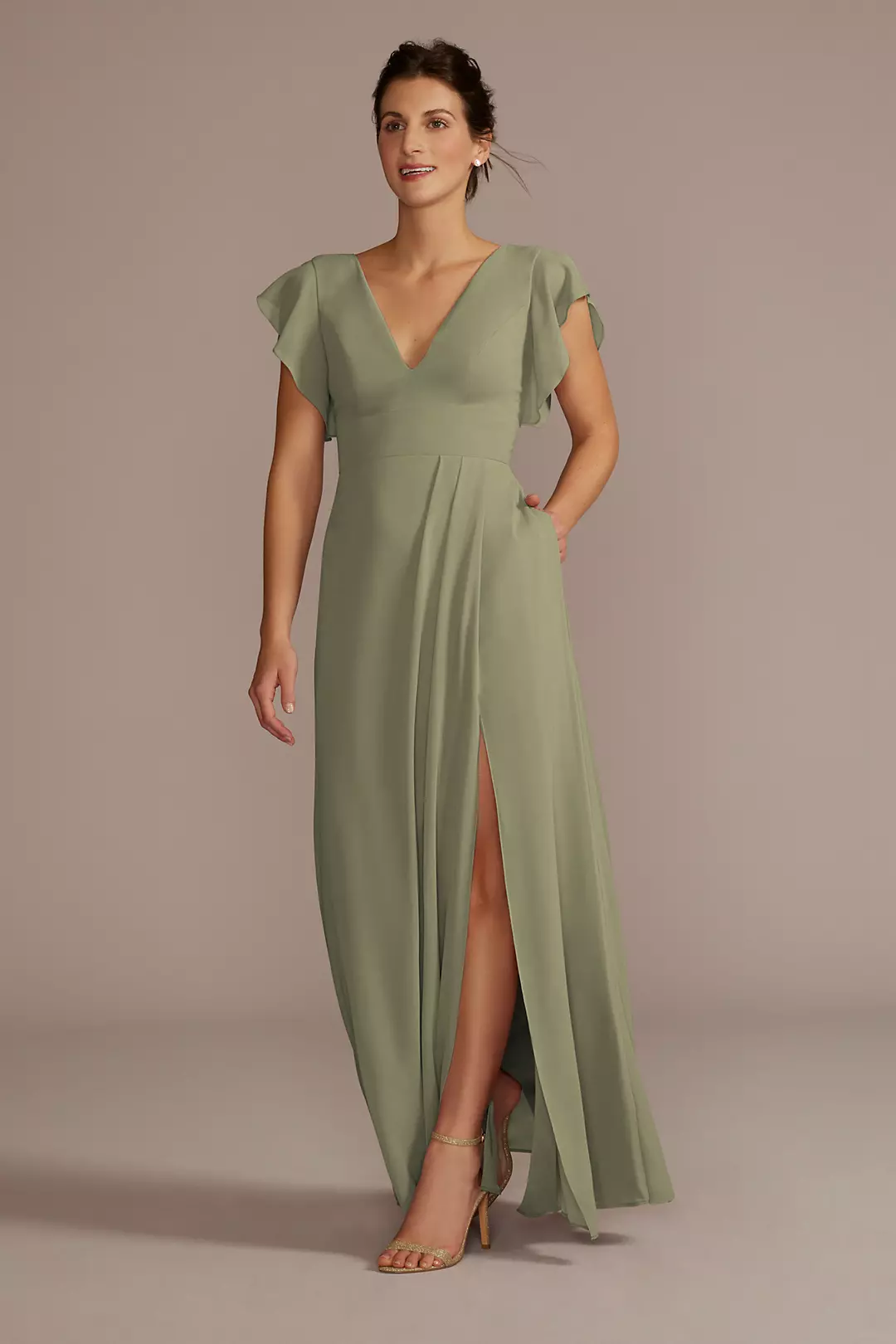 Flutter Sleeve Chiffon V-Neck Dresses - XNAUWBI