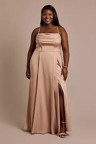 Matte Satin Cowl Neck Spaghetti Strap A-Line Dresses - XNAUWBI