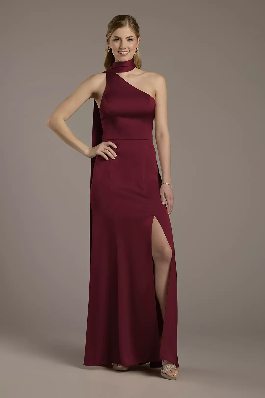Matte Satin One-Shoulder A-Line Dress with Scarf Dress - XNAUWBI