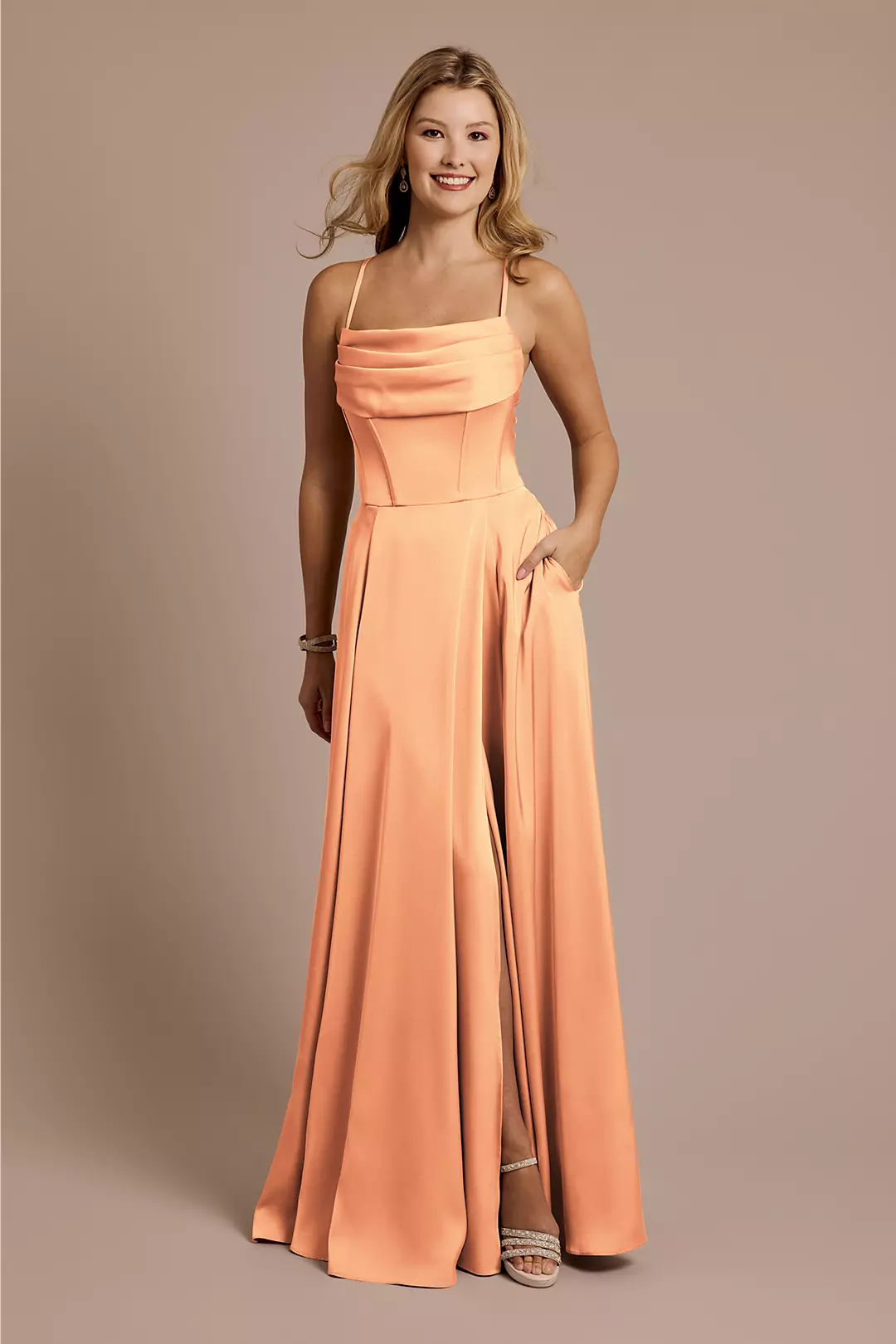 Matte Satin Cowl Neck Spaghetti Strap A-Line Dresses - XNAUWBI