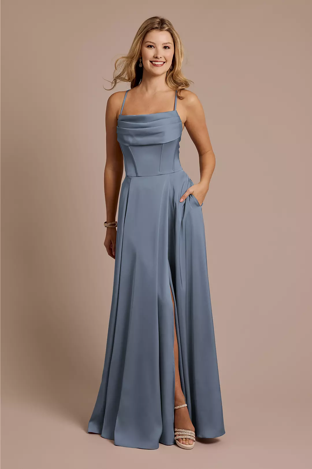 Matte Satin Cowl Neck Spaghetti Strap A-Line Dresses - XNAUWBI