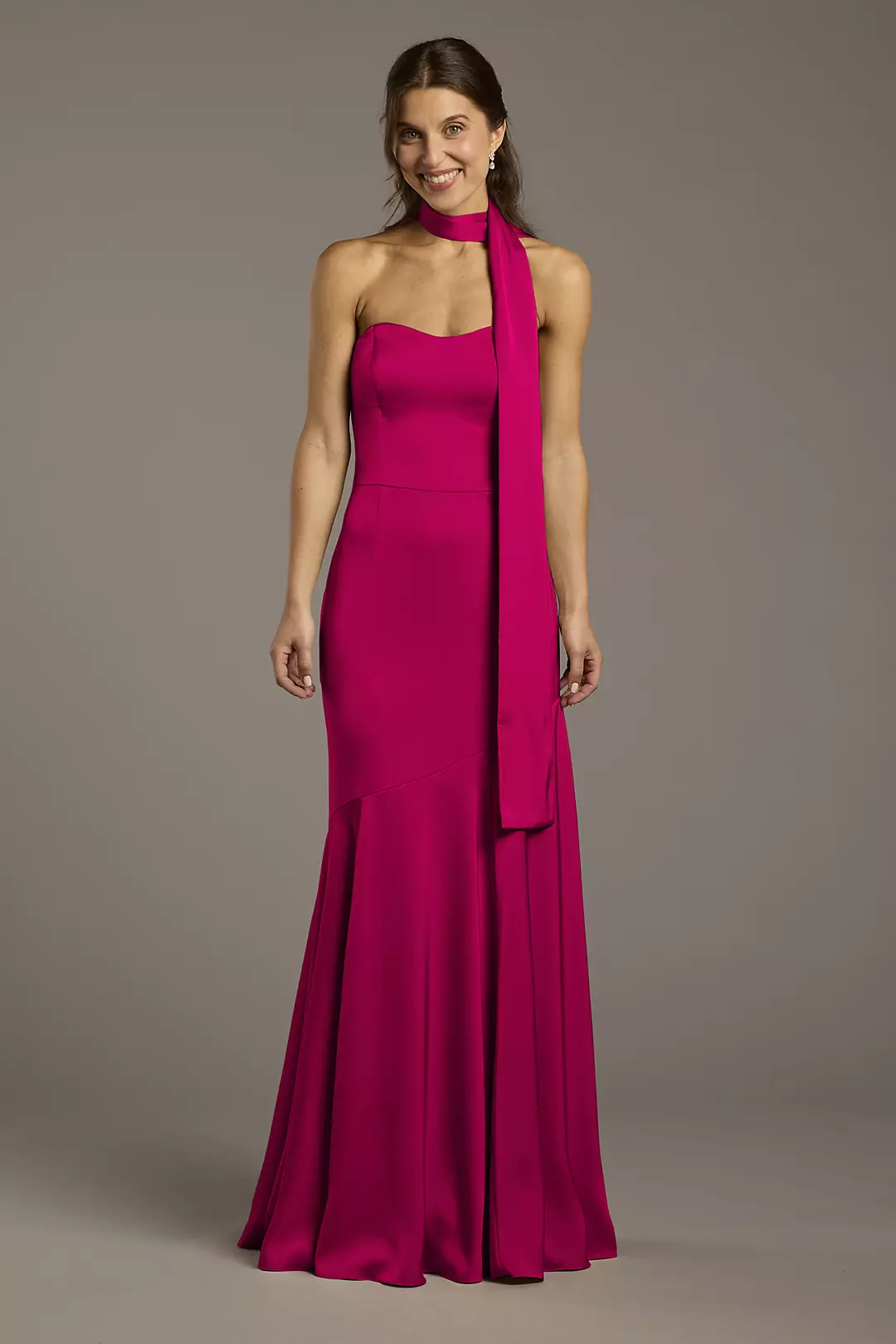 Matte Satin Strapless Sweetheart Dress with Scarf Dress - XNAUWBI