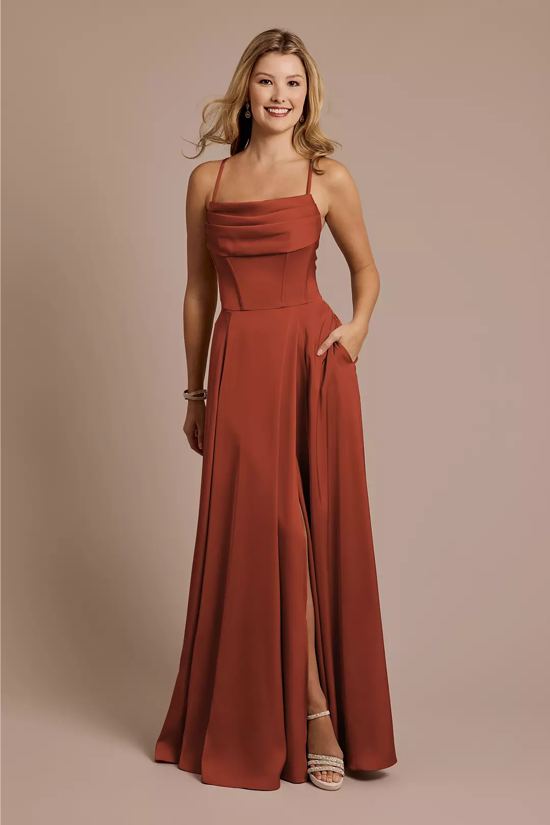 Matte Satin Cowl Neck Spaghetti Strap A-Line Dresses - XNAUWBI