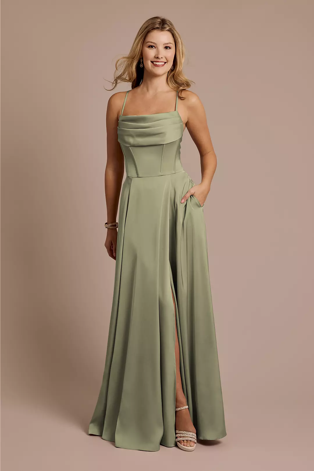Matte Satin Cowl Neck Spaghetti Strap A-Line Dresses - XNAUWBI