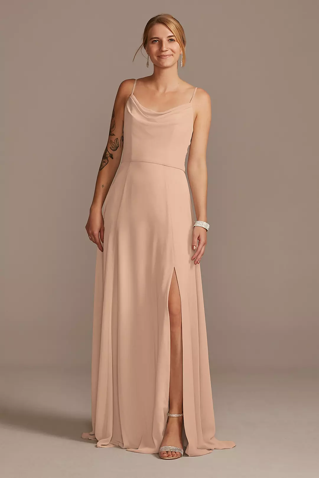 Cowl Neck Chiffon Dress with Slit Dress - XNAUWBI