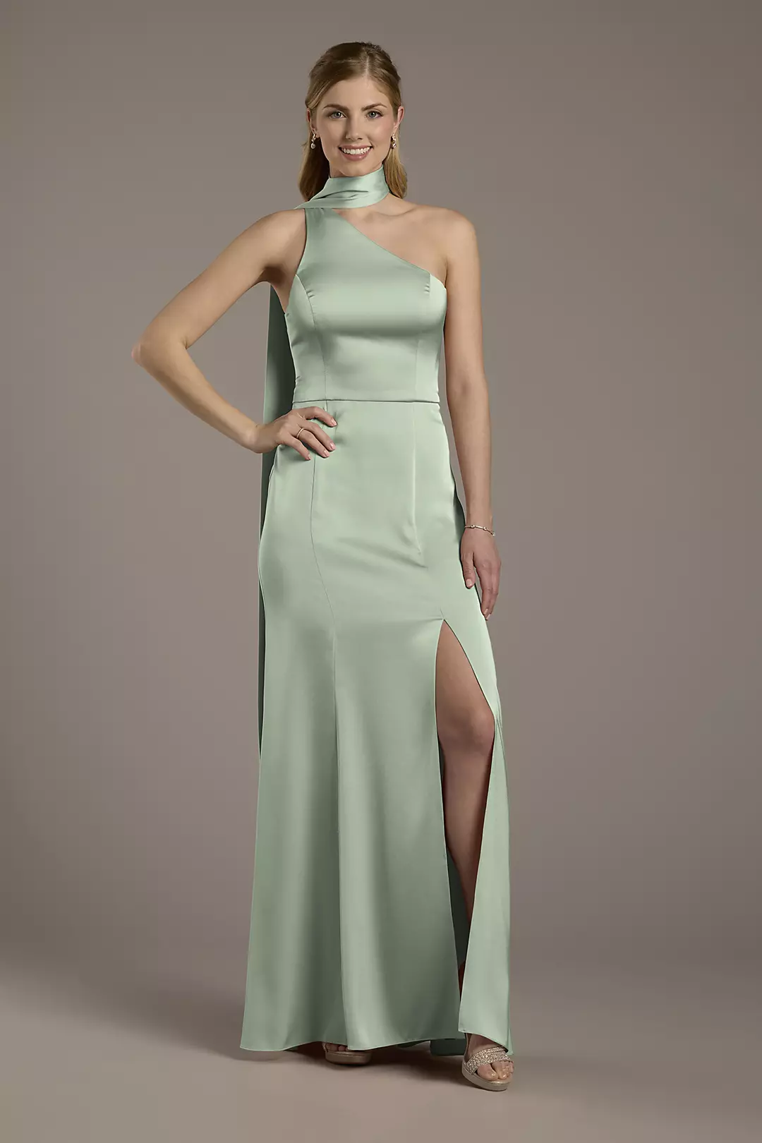 Matte Satin One-Shoulder A-Line Dress with Scarf Dress - XNAUWBI