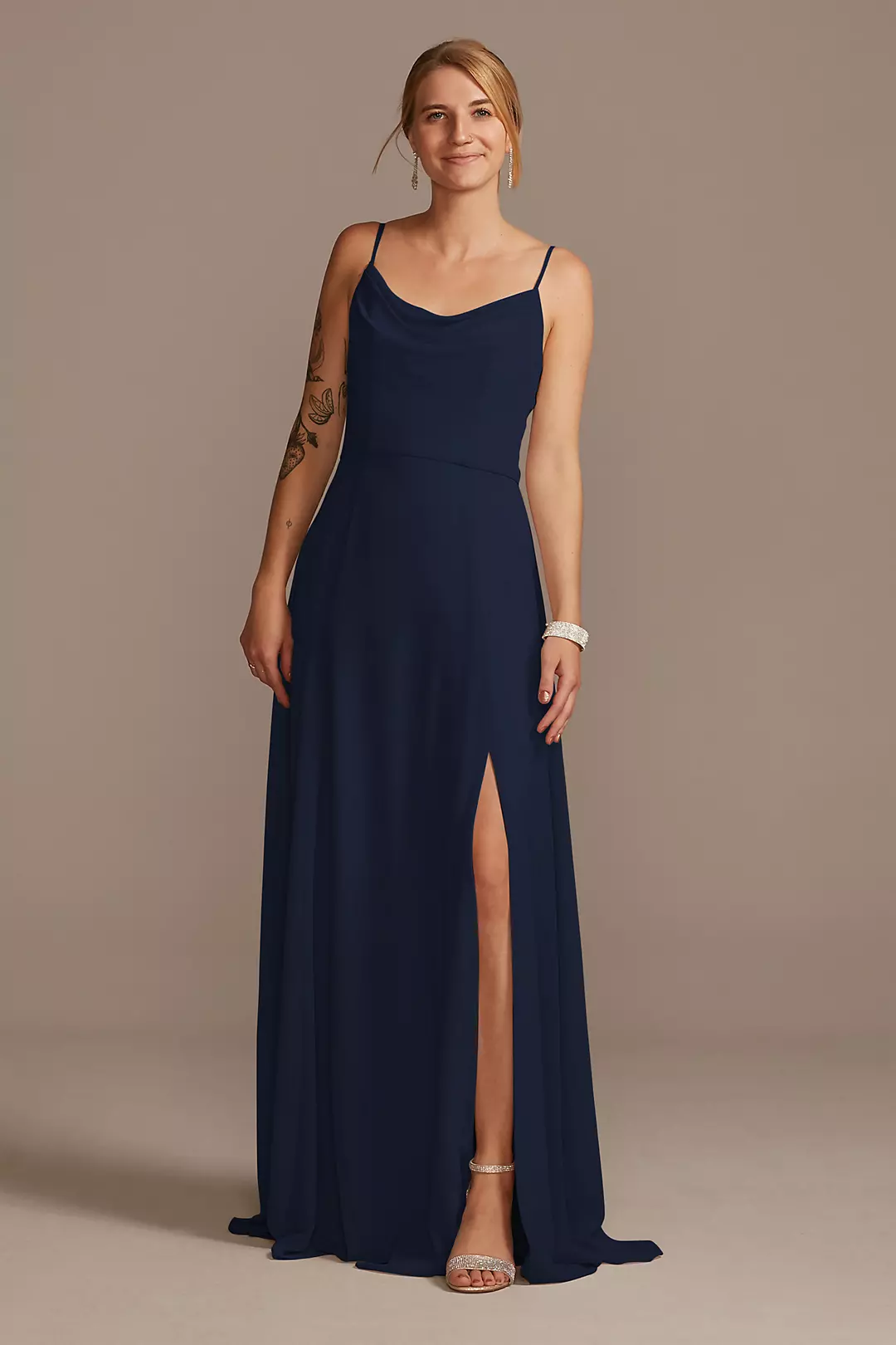 Cowl Neck Chiffon Dress with Slit Dress - XNAUWBI