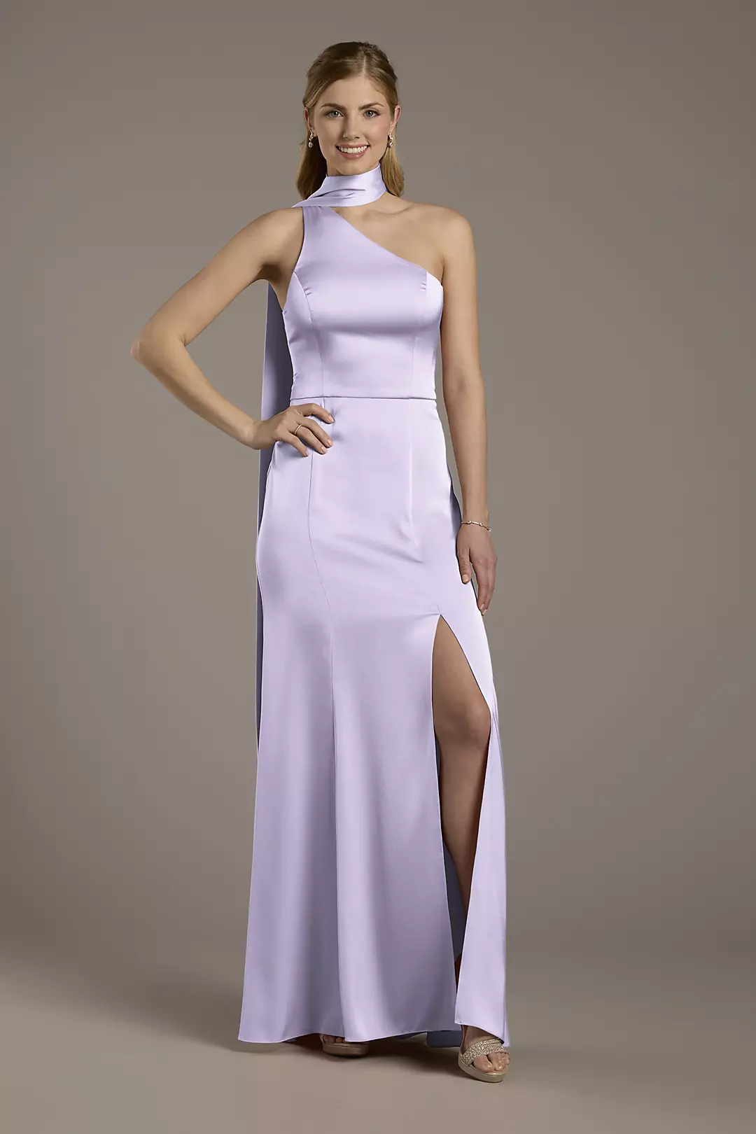 Matte Satin One-Shoulder A-Line Dress with Scarf Dress - XNAUWBI