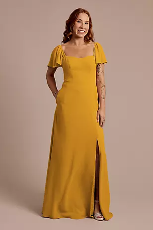 Chiffon Flutter Sleeve Dress with Basque Waist Dress - XNAUWBI