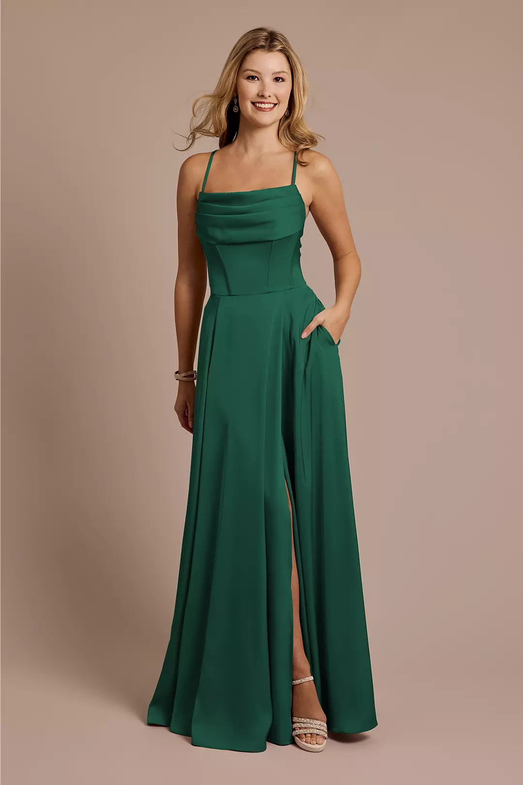 Matte Satin Cowl Neck Spaghetti Strap A-Line Dresses - XNAUWBI