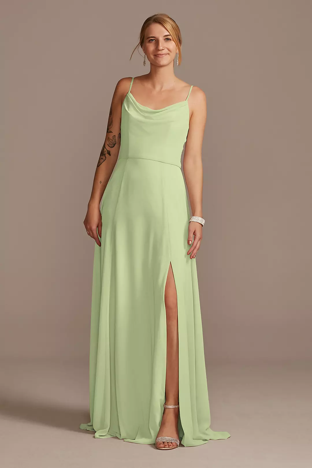 Cowl Neck Chiffon Dress with Slit Dress - XNAUWBI