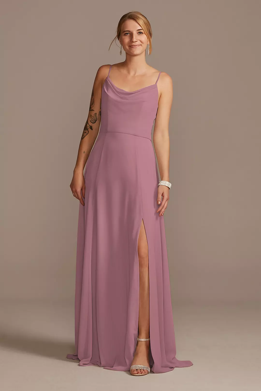 Cowl Neck Chiffon Dress with Slit Dress - XNAUWBI