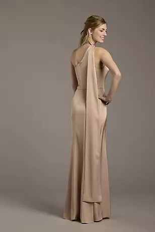 Matte Satin One-Shoulder A-Line Dress with Scarf Dress - XNAUWBI
