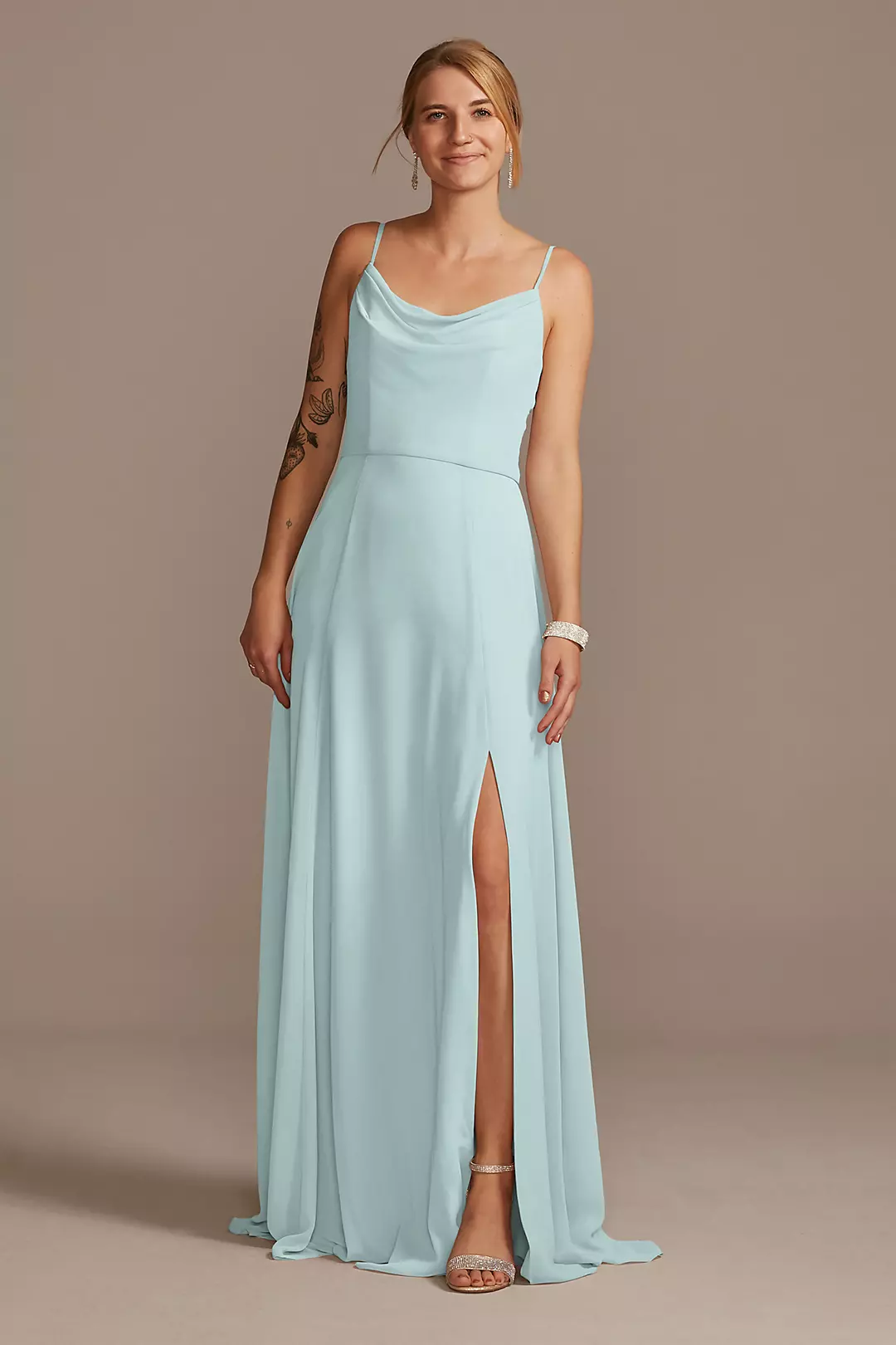 Cowl Neck Chiffon Dress with Slit Dress - XNAUWBI
