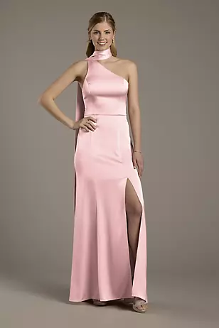 Matte Satin One-Shoulder A-Line Dress with Scarf Dress - XNAUWBI