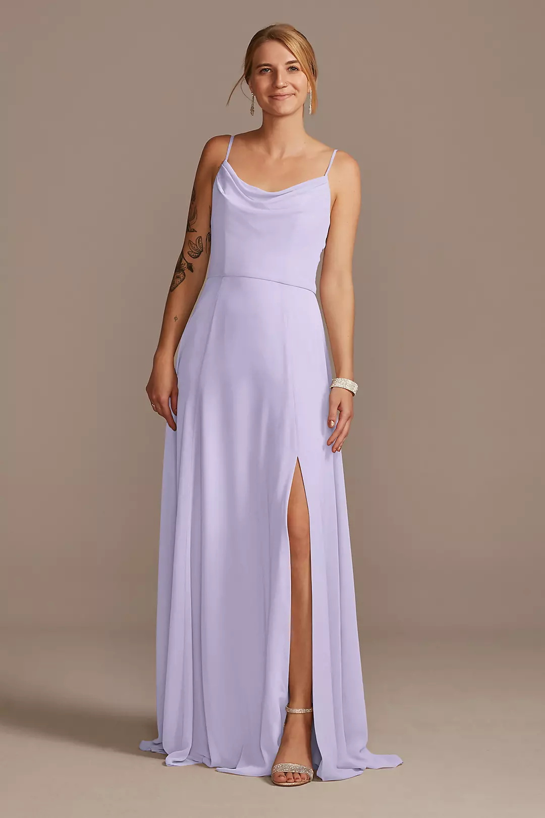 Cowl Neck Chiffon Dress with Slit Dress - XNAUWBI