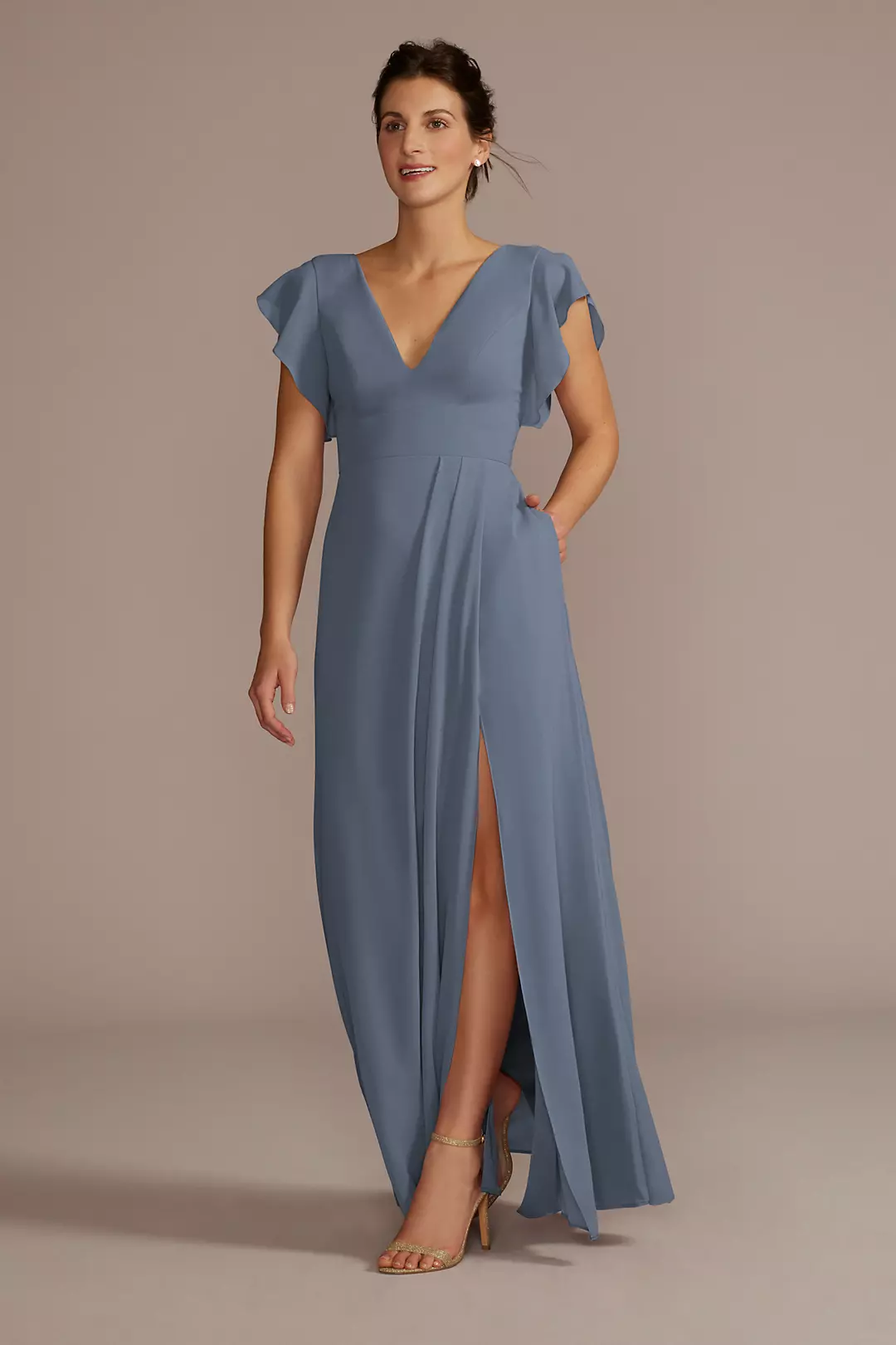 Flutter Sleeve Chiffon V-Neck Dresses - XNAUWBI