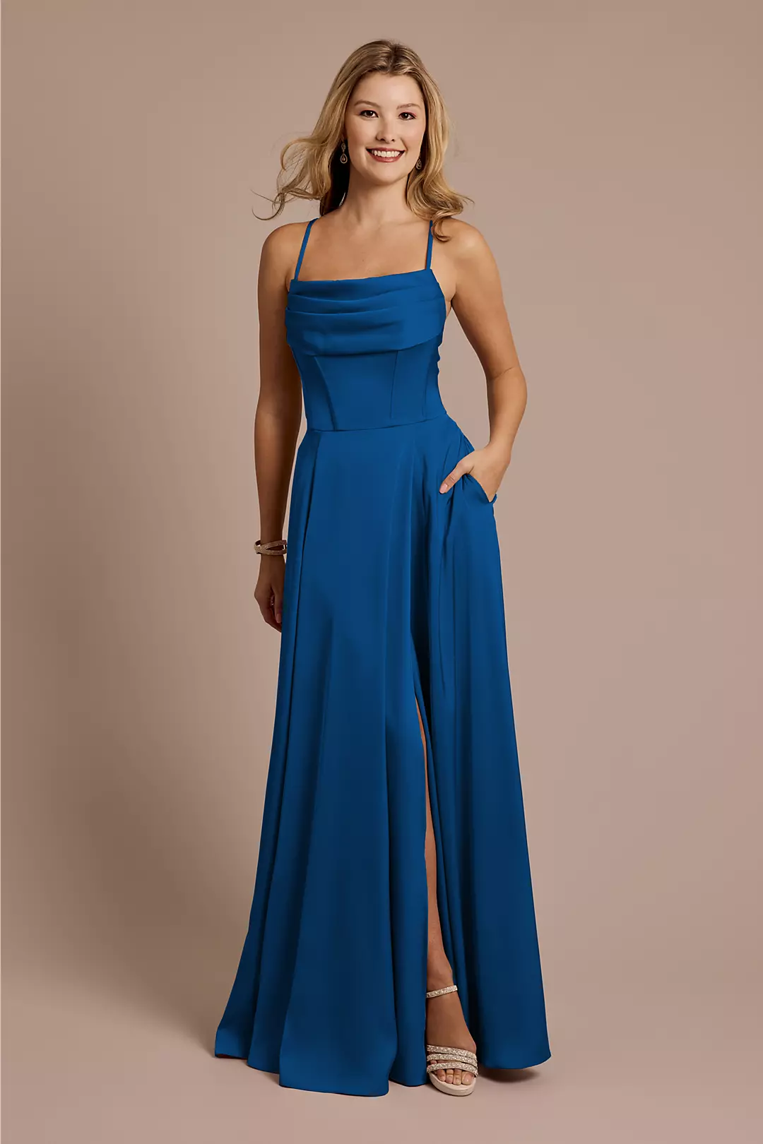 Matte Satin Cowl Neck Spaghetti Strap A-Line Dresses - XNAUWBI