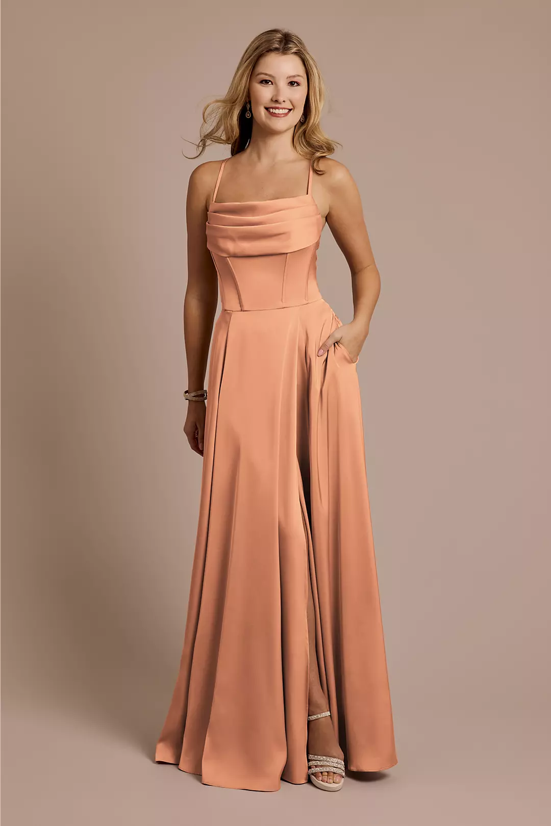 Matte Satin Cowl Neck Spaghetti Strap A-Line Dresses - XNAUWBI