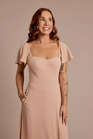 Chiffon Flutter Sleeve Dress with Basque Waist Dress - XNAUWBI