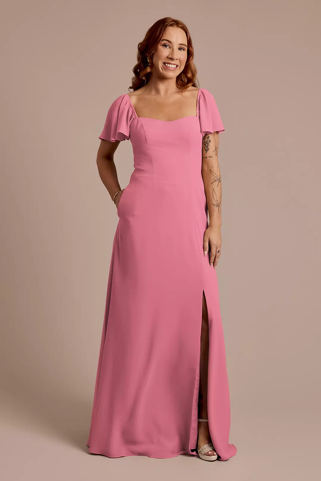 Chiffon Flutter Sleeve Dress with Basque Waist Dress - XNAUWBI