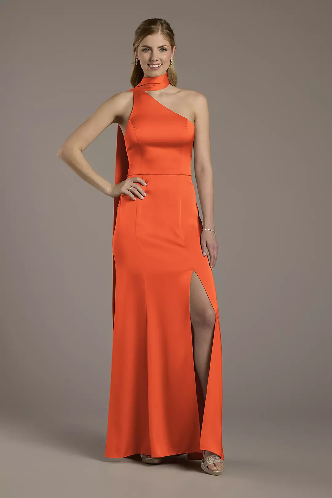 Matte Satin One-Shoulder A-Line Dress with Scarf Dress - XNAUWBI