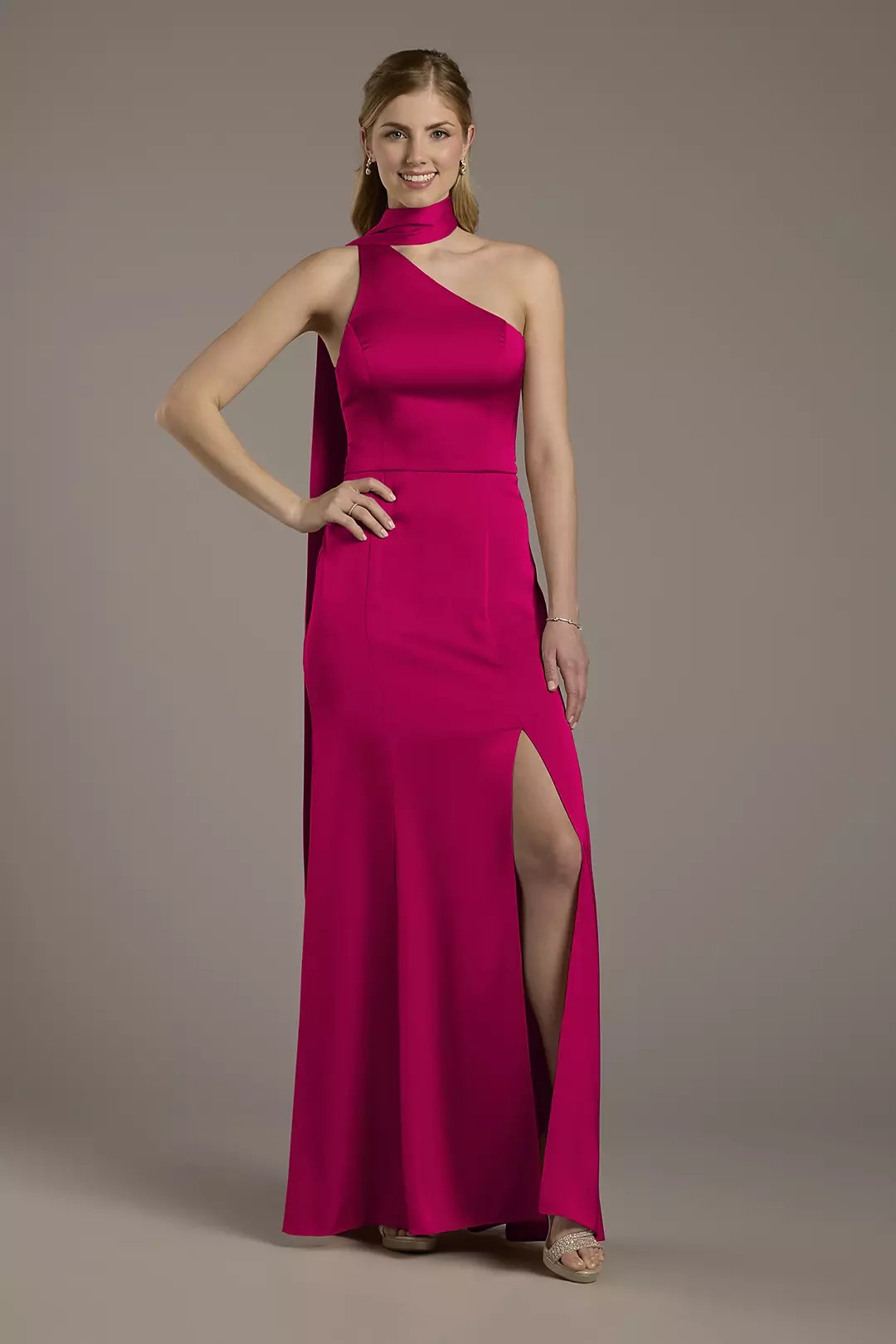 Matte Satin One-Shoulder A-Line Dress with Scarf Dress - XNAUWBI