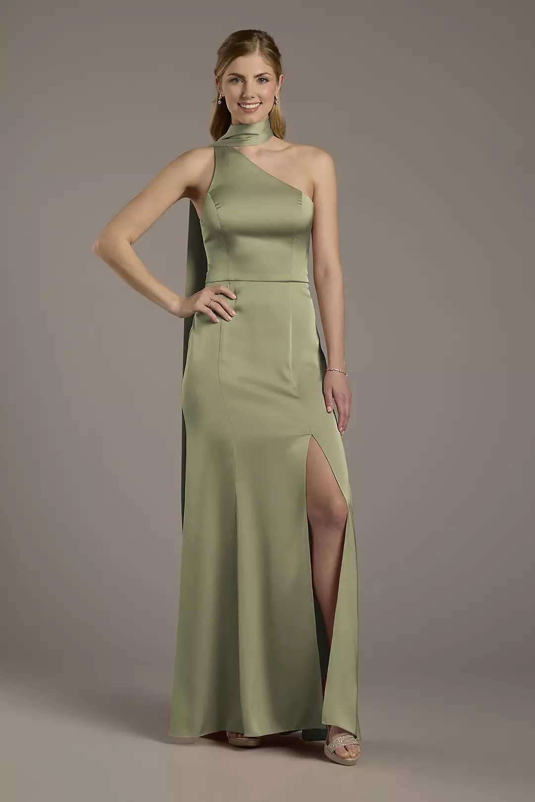 Matte Satin One-Shoulder A-Line Dress with Scarf Dress - XNAUWBI