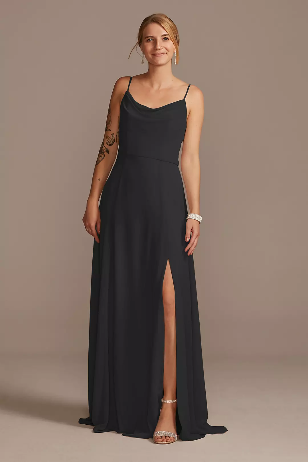 Cowl Neck Chiffon Dress with Slit Dress - XNAUWBI