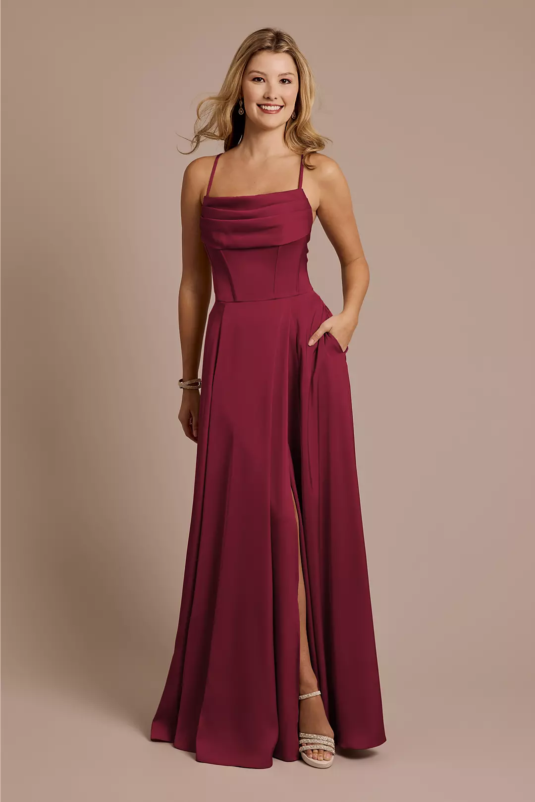 Matte Satin Cowl Neck Spaghetti Strap A-Line Dresses - XNAUWBI