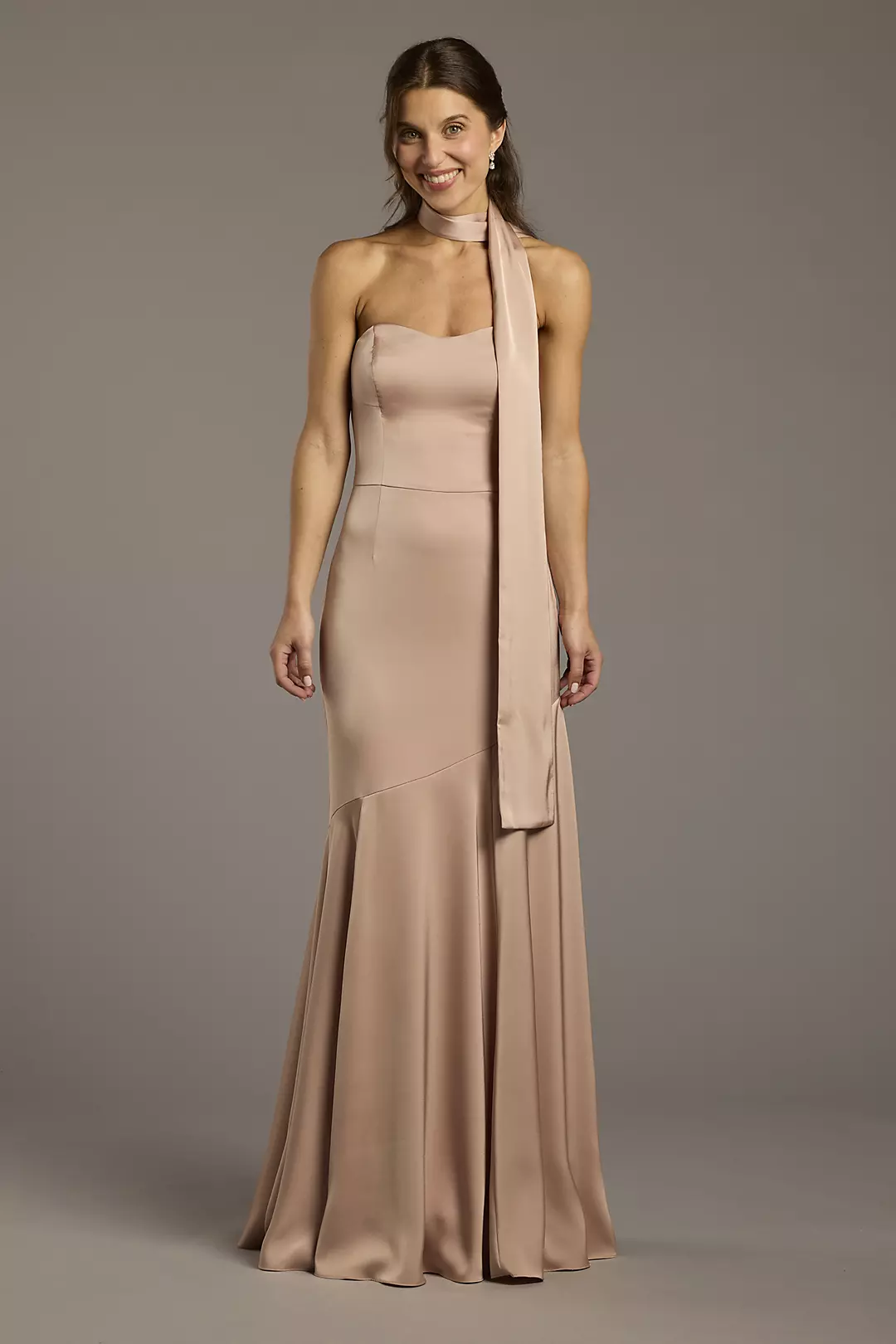 Matte Satin Strapless Sweetheart Dress with Scarf Dress - XNAUWBI