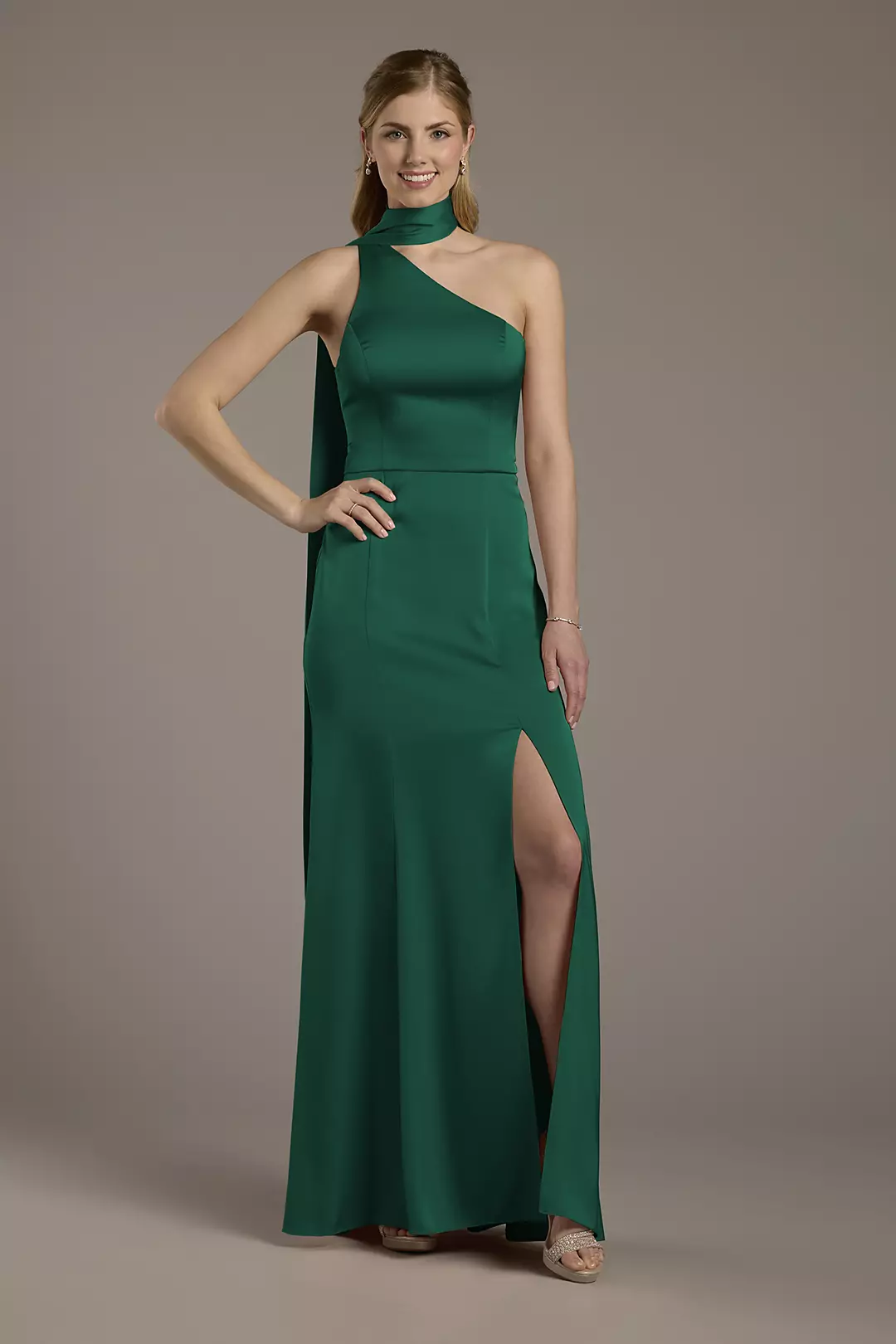 Matte Satin One-Shoulder A-Line Dress with Scarf Dress - XNAUWBI