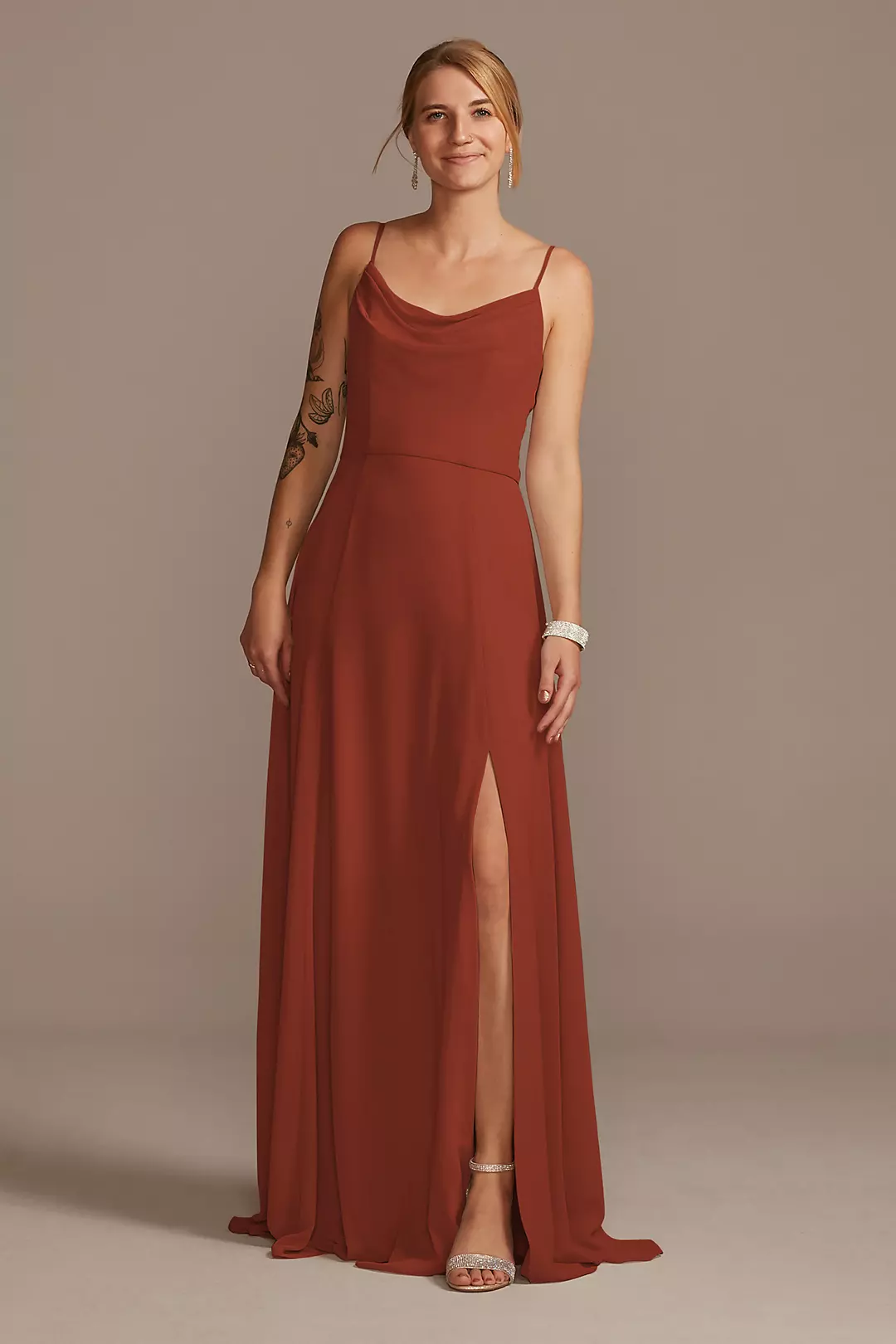 Cowl Neck Chiffon Dress with Slit Dress - XNAUWBI