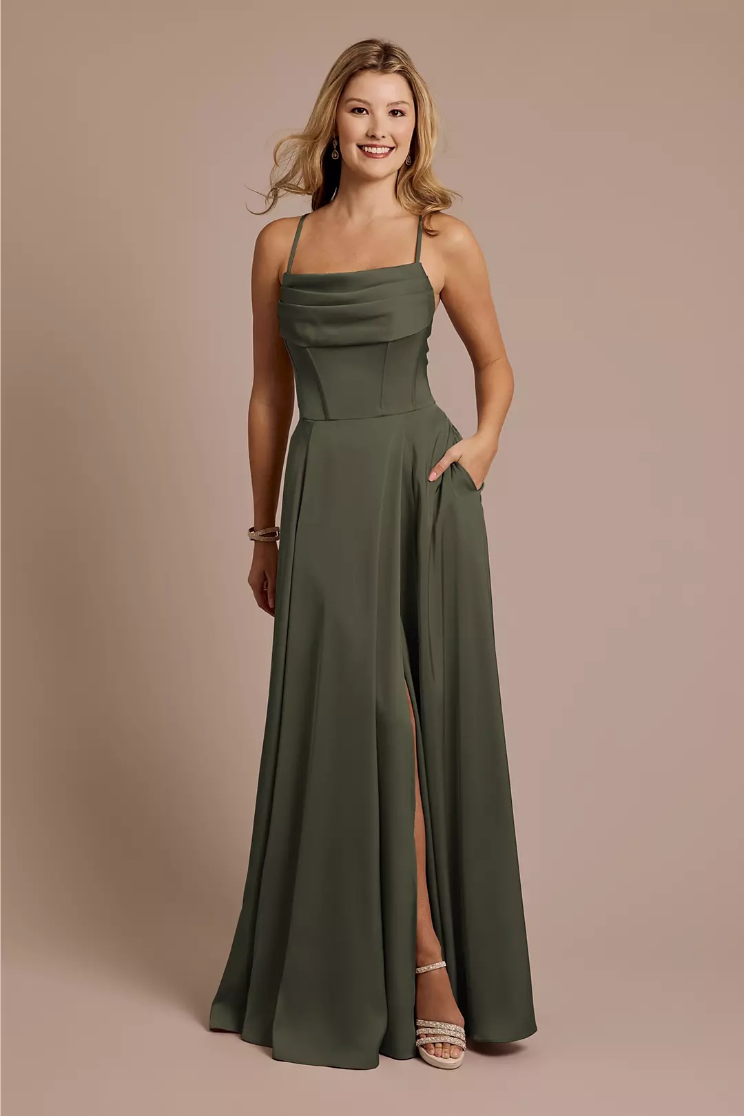 Matte Satin Cowl Neck Spaghetti Strap A-Line Dresses - XNAUWBI