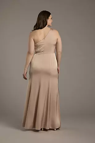 Matte Satin One-Shoulder A-Line Dress with Scarf Dress - XNAUWBI