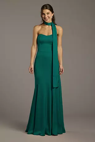 Matte Satin Strapless Sweetheart Dress with Scarf Dress - XNAUWBI
