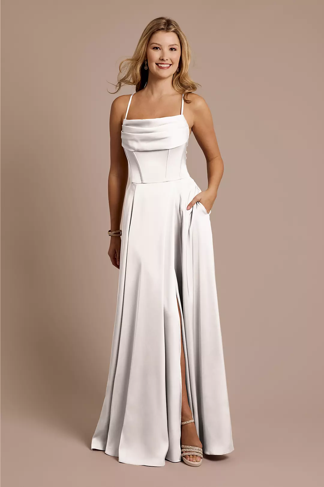 Matte Satin Cowl Neck Spaghetti Strap A-Line Dresses - XNAUWBI