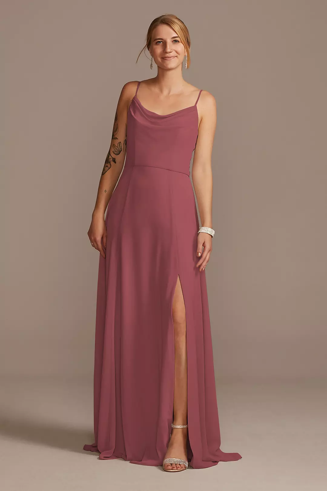 Cowl Neck Chiffon Dress with Slit Dress - XNAUWBI