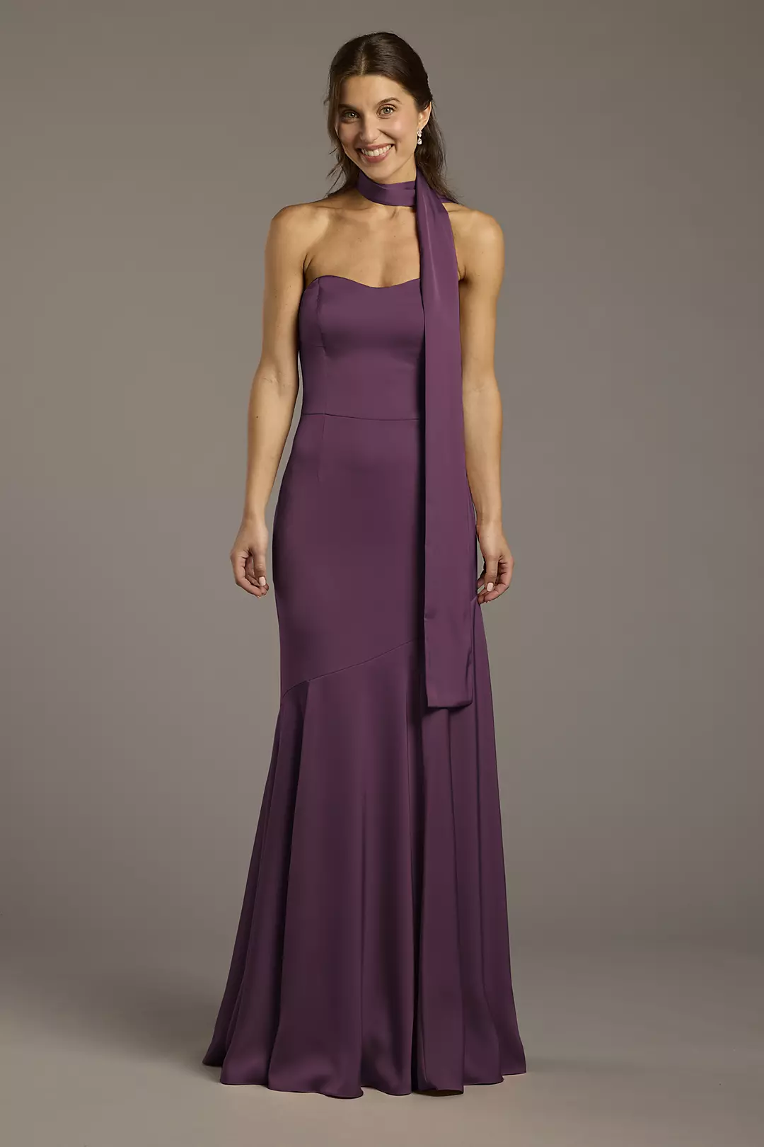 Matte Satin Strapless Sweetheart Dress with Scarf Dress - XNAUWBI