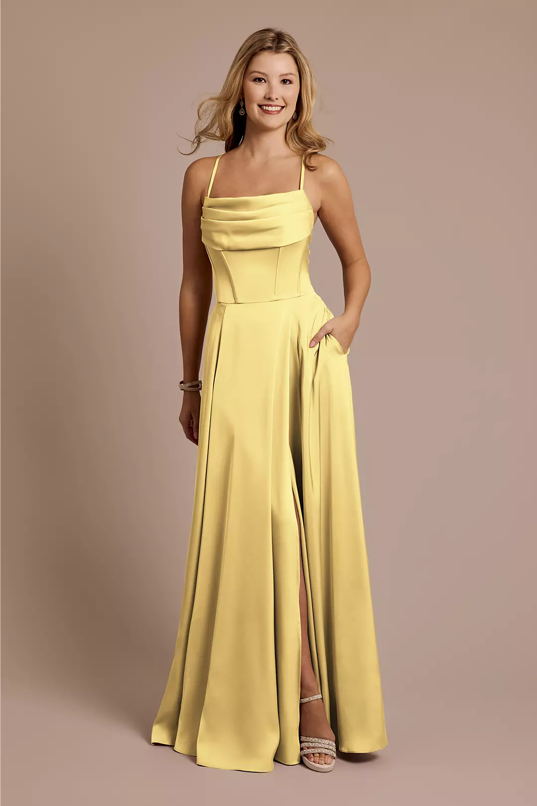 Matte Satin Cowl Neck Spaghetti Strap A-Line Dresses - XNAUWBI