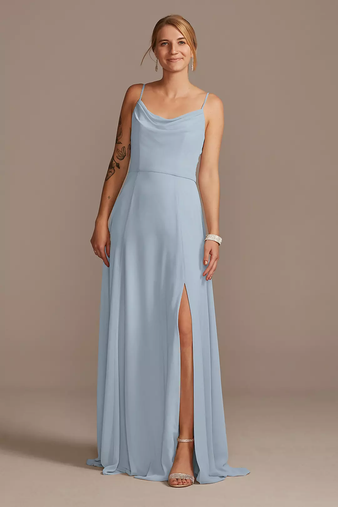 Cowl Neck Chiffon Dress with Slit Dress - XNAUWBI