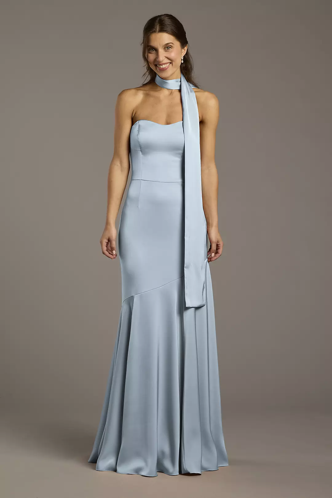 Matte Satin Strapless Sweetheart Dress with Scarf Dress - XNAUWBI