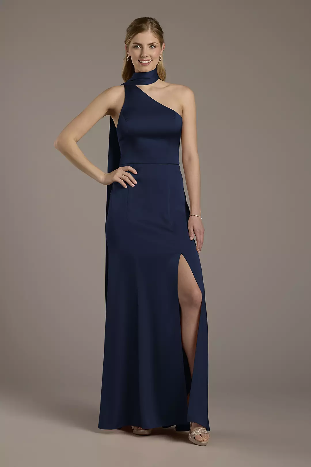 Matte Satin One-Shoulder A-Line Dress with Scarf Dress - XNAUWBI