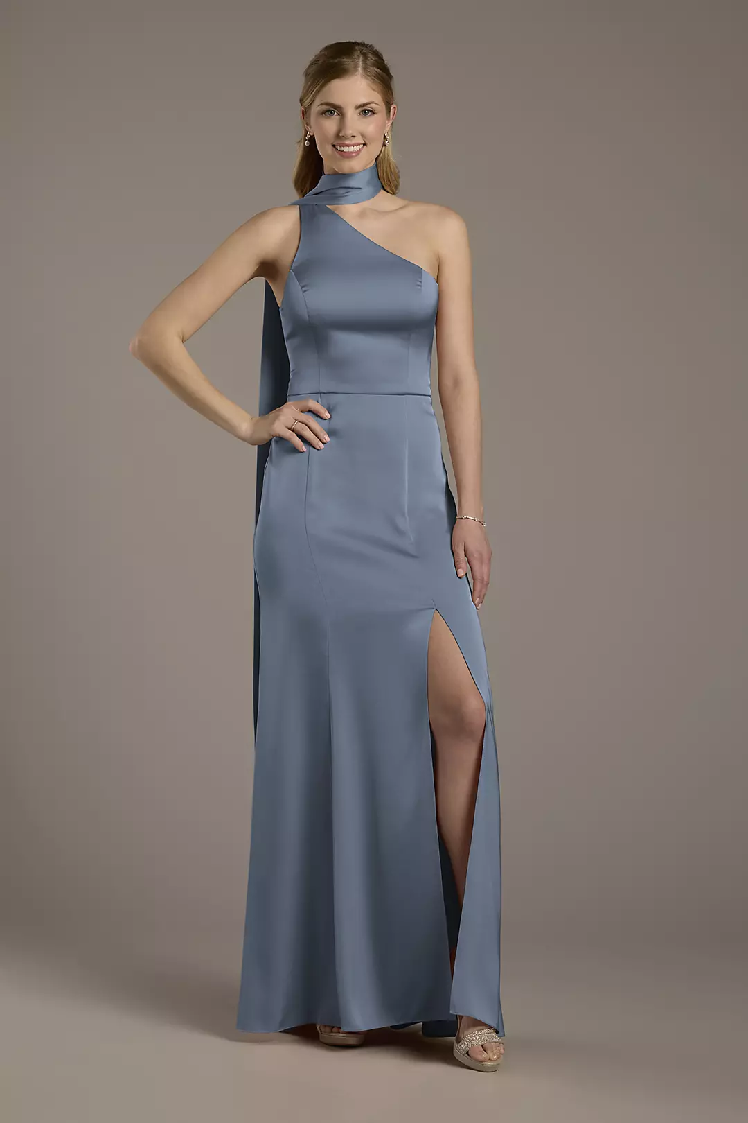 Matte Satin One-Shoulder A-Line Dress with Scarf Dress - XNAUWBI