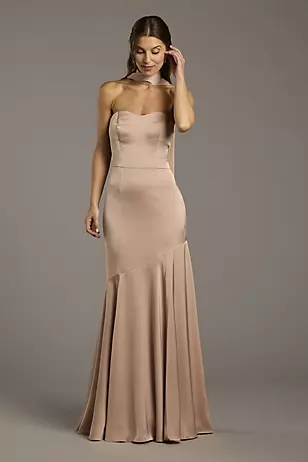 Matte Satin Strapless Sweetheart Dress with Scarf Dress - XNAUWBI