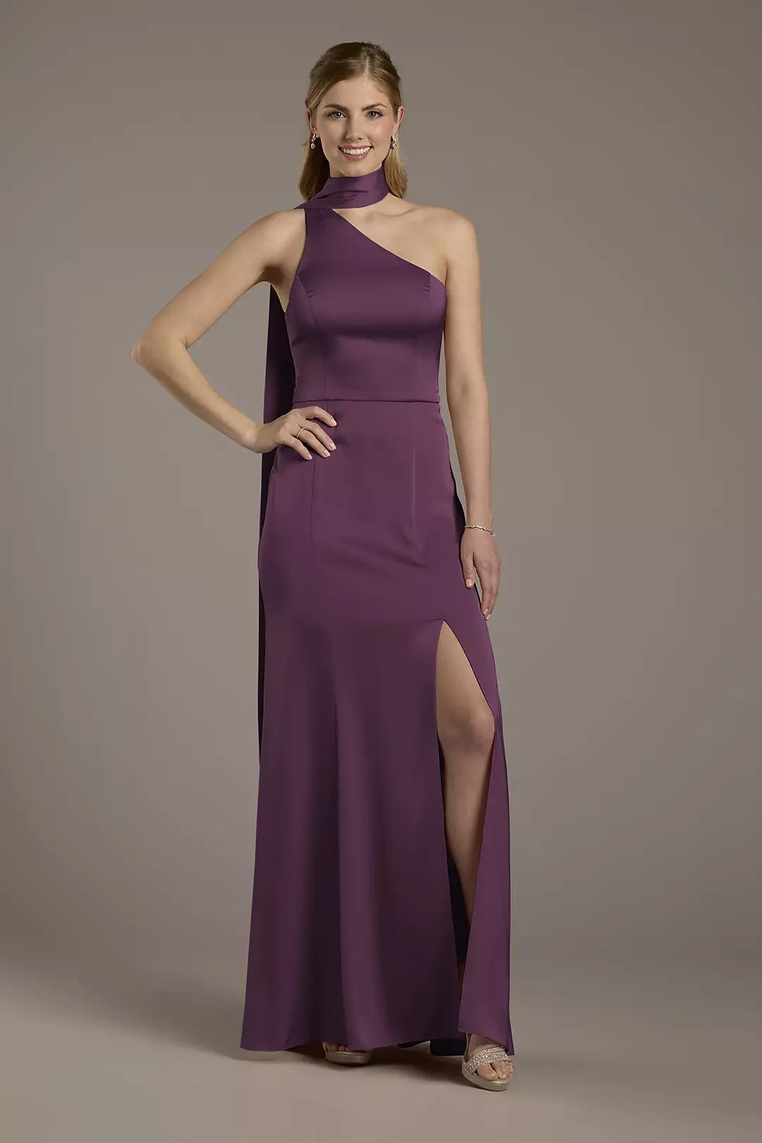 Matte Satin One-Shoulder A-Line Dress with Scarf Dress - XNAUWBI